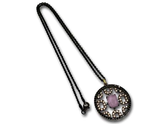 Colgante Plata y oro laminado de 18k, Doblete Cuarzo Rosa, espinelas negras y circonitas champán + cadena de 42 cm.