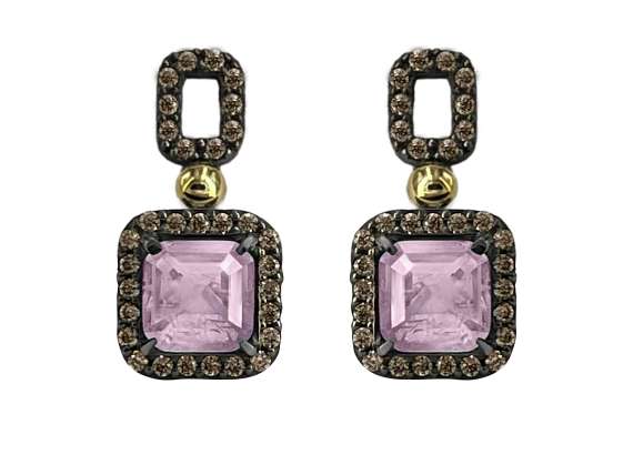 Pendientes Plata y oro laminado de 18k, Dobletes Cuarzo Rosa y circonitas champán.